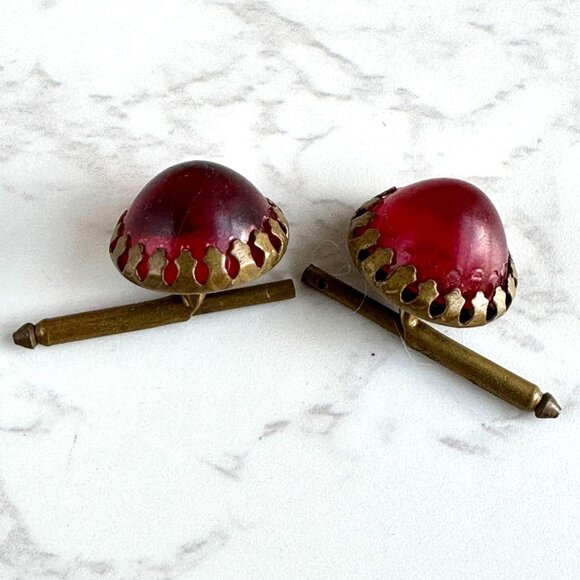 Antique Red Glass Cufflinks – Torpedo Toggle, Brass, Vintage Men’s - Picture 1 of 4